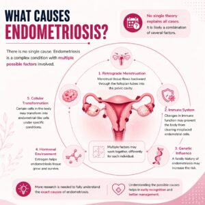 Medical diagram illustrating what causes endometriosis including retrograde menstruation, genetic factors, and immune system dysfunction.