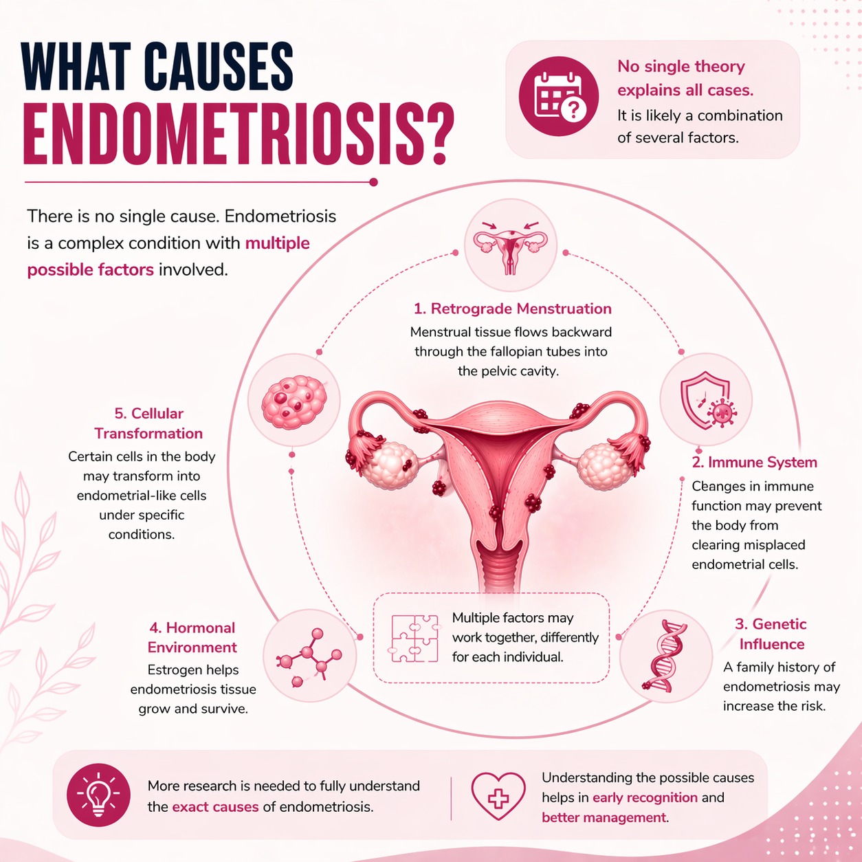 Medical diagram explaining what causes endometriosis including retrograde flow and cell transformation.