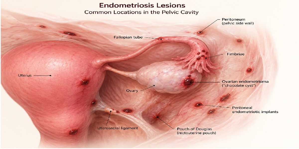 Illustration of endometriosis lesions on the pelvic peritoneum
