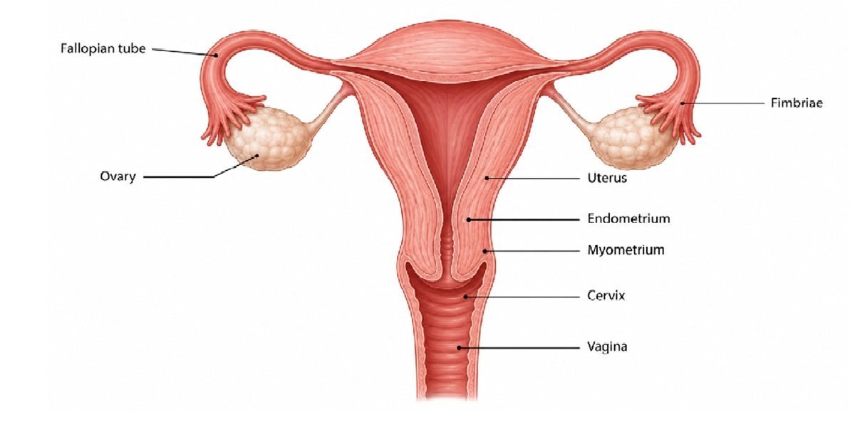 Pelvic anatomy diagram showing uterus, ovaries and fallopian tubes