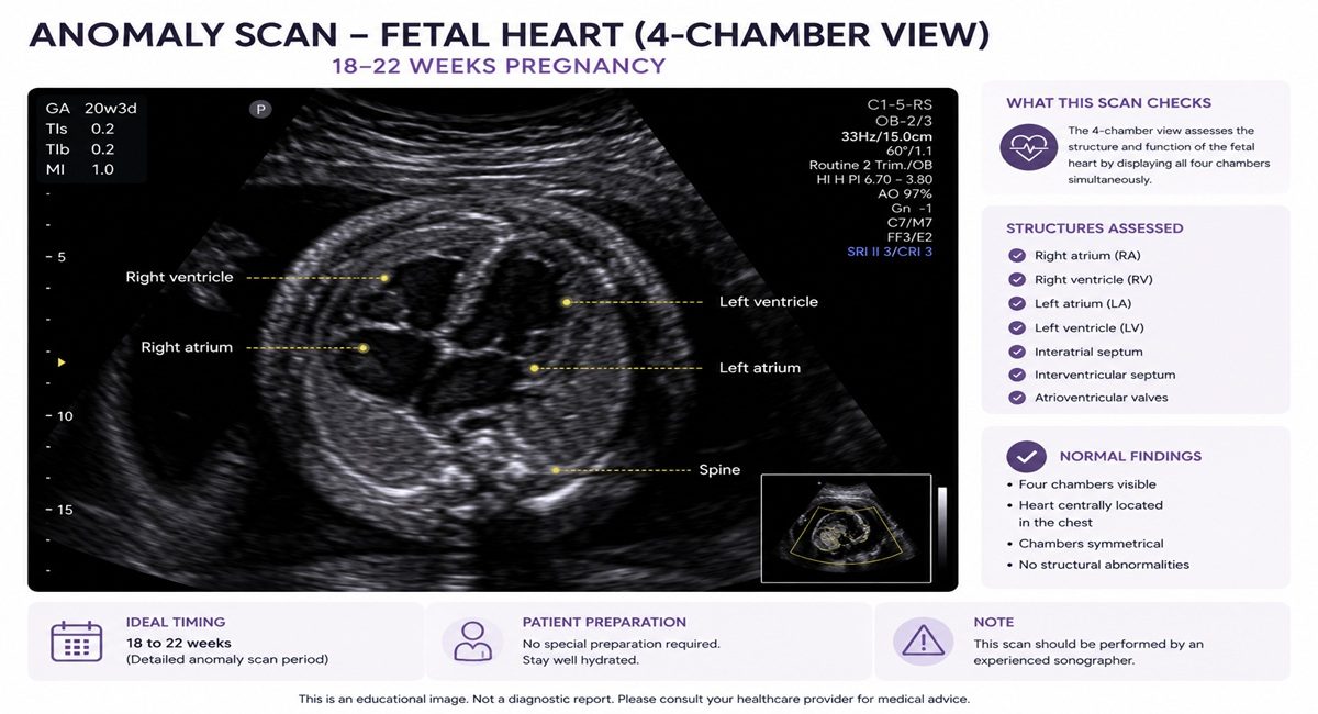 Four-chamber view of the fetal heart on anomaly scan at Balaji Horizon